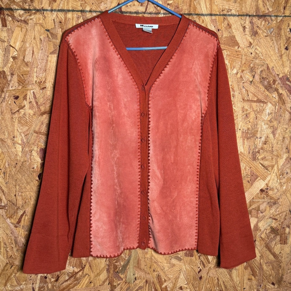Leather Stitch Panel Cardigan Button Sweater Burnt Orange Modest Layering XL